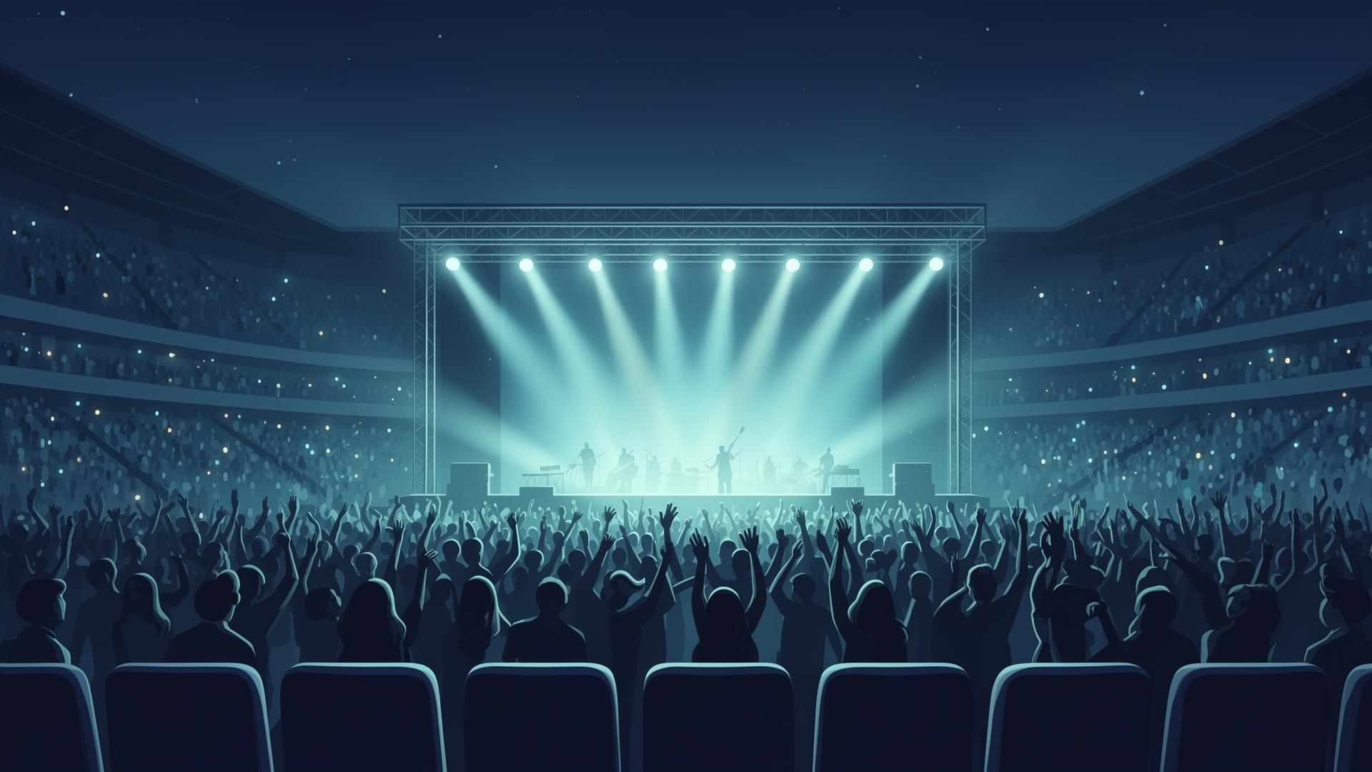 Crowd at a concert with stage lights, viewed from premium seats
